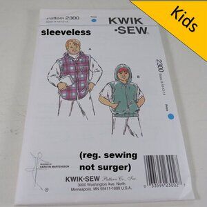Kwik Sew 2300 Kids Sweatshirt Jacket w Hood NO sleeves UNCUT clothing pattern